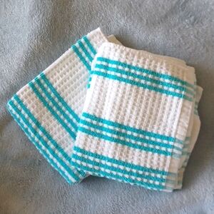 NEW White and Teal Waffle Knit Kitchen Towels Set of 2